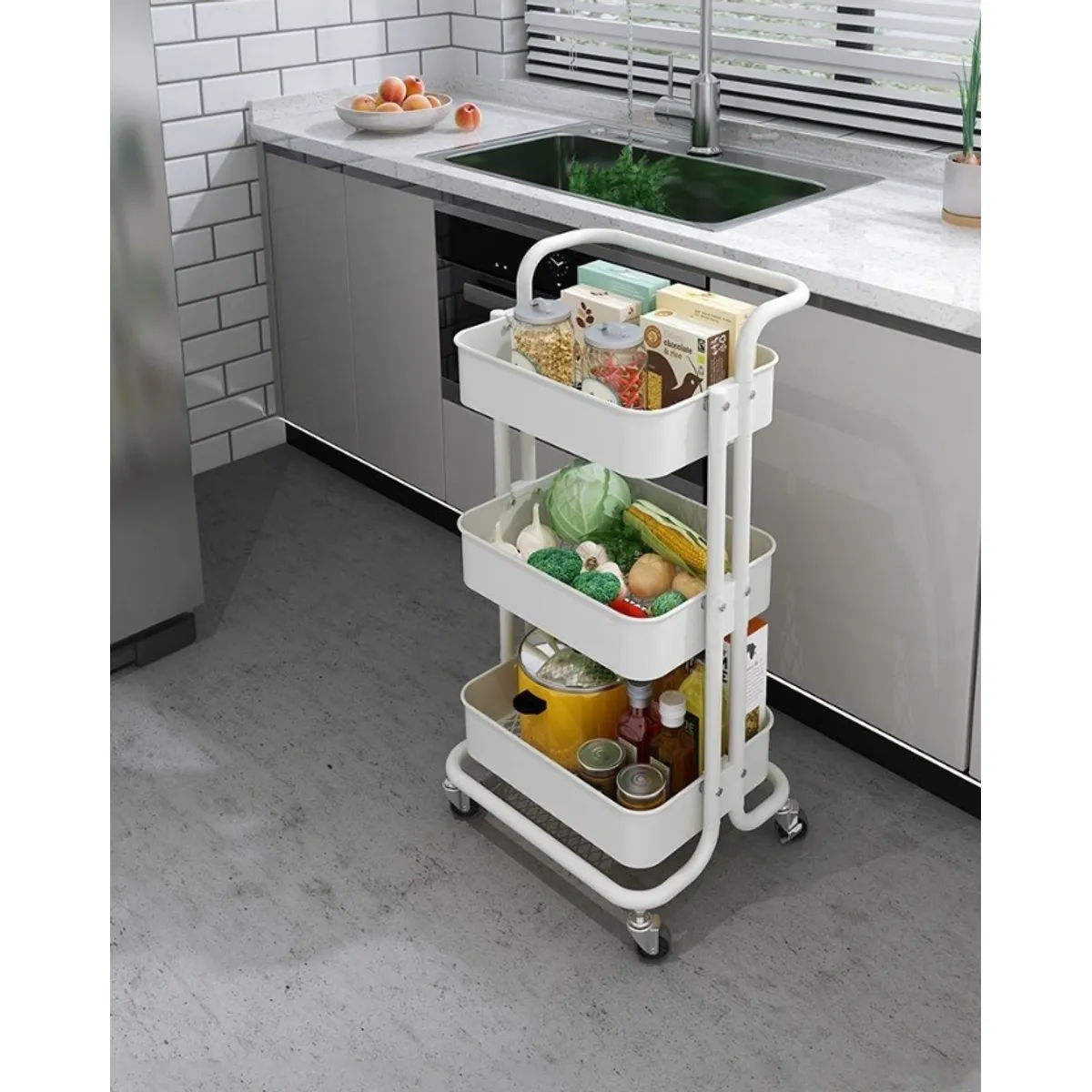 OASIS - Carro Organizador de Verduras Cuadrado 3 Niveles y Ruedas Blanco