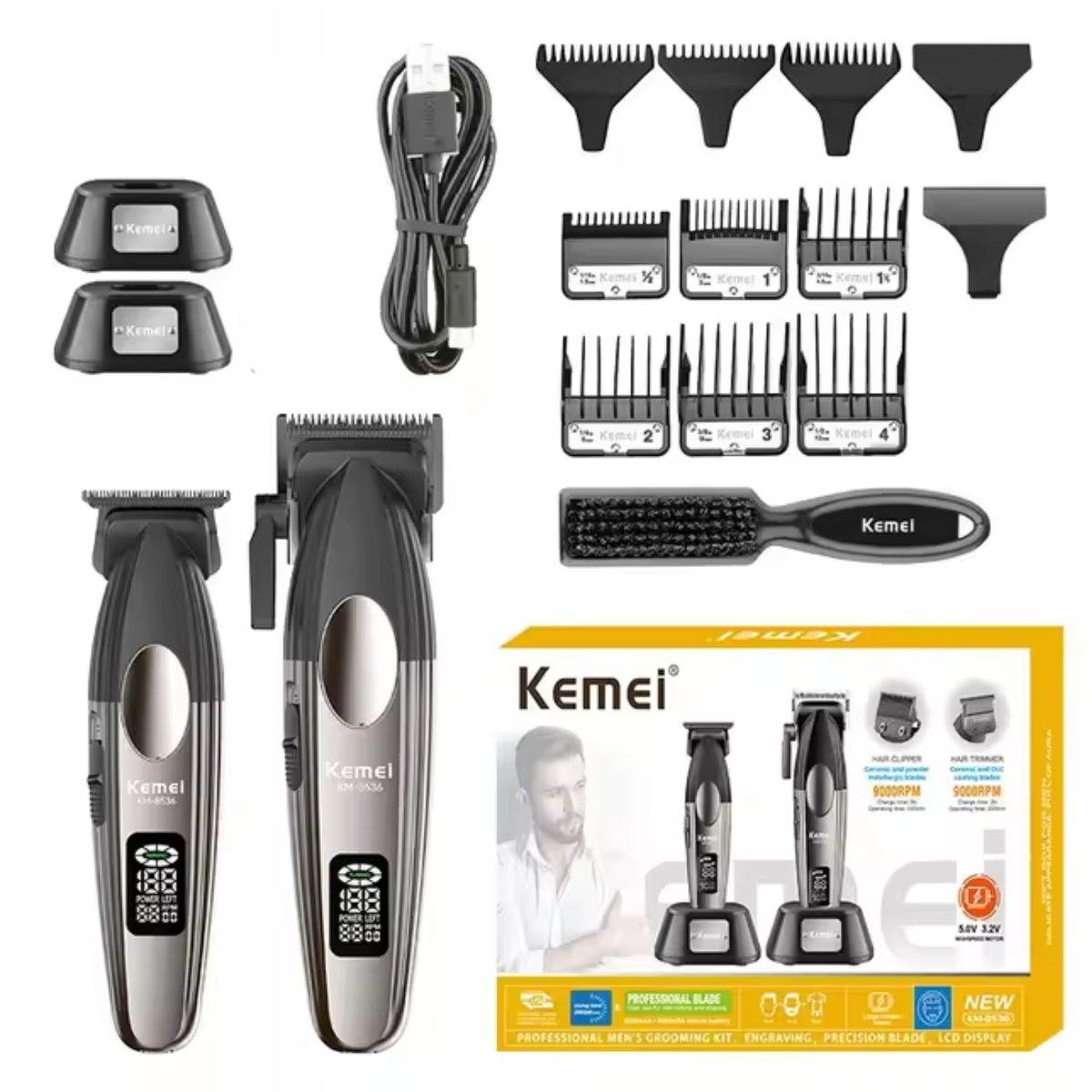 KEMEI - Barber Combo Kemei Cortadora y Patillera con Base 9000 RPM