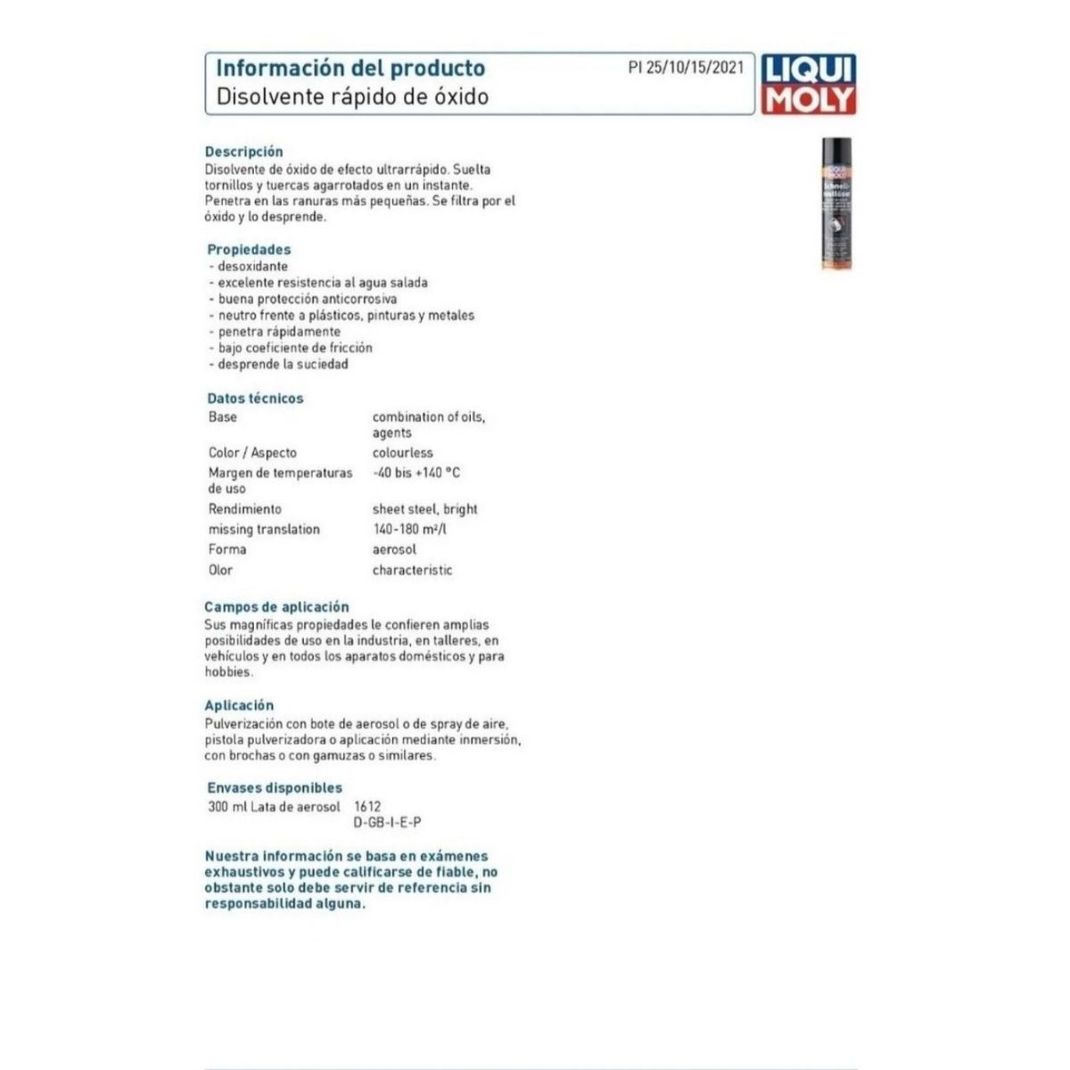 LIQUI MOLY - Disolvente Rápido de Óxido Liqui Moly 300 Ml.