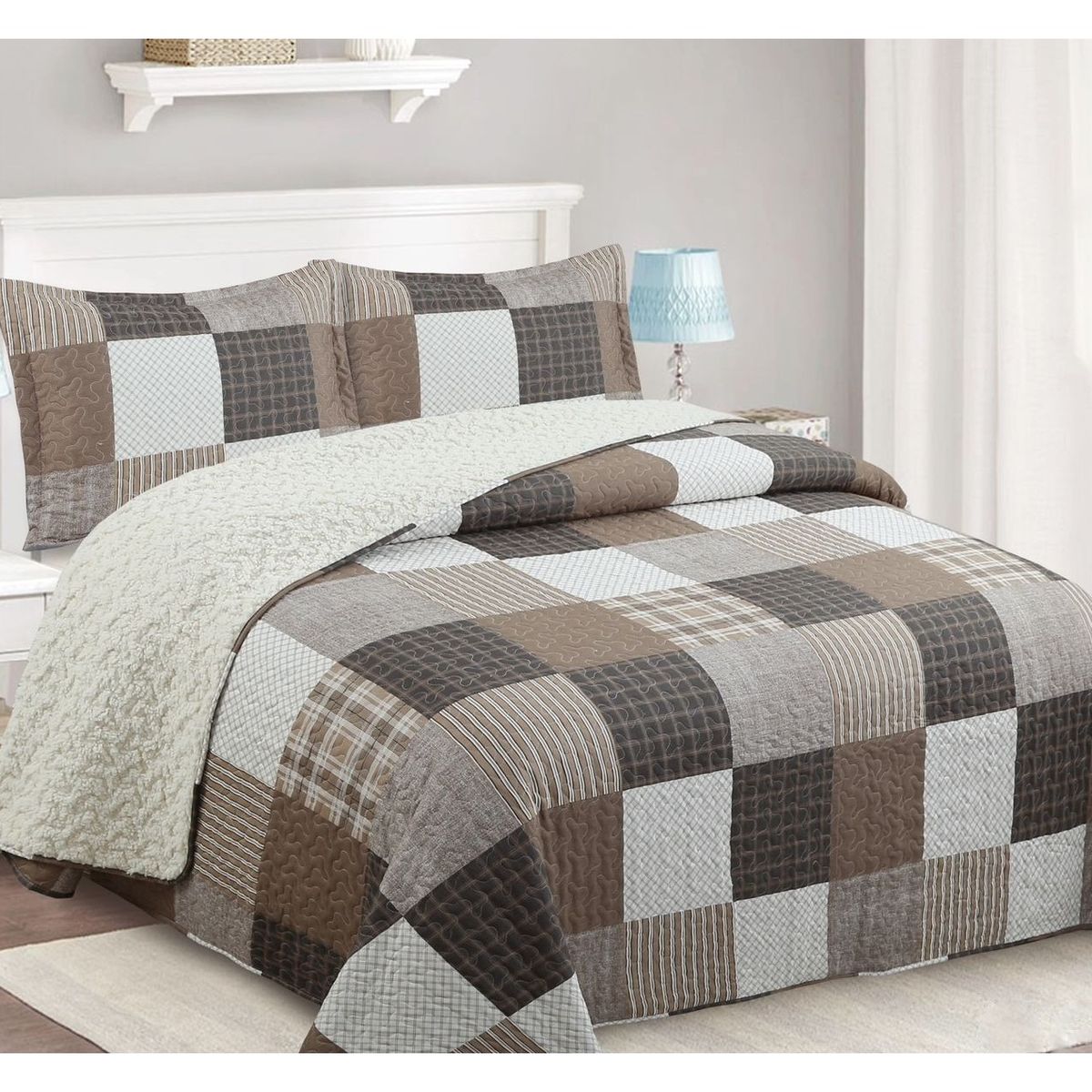 COMPRAPO - Cubrecama Quilt Sherpa King Modelo Patch Urban Toffe + 2 Fundas