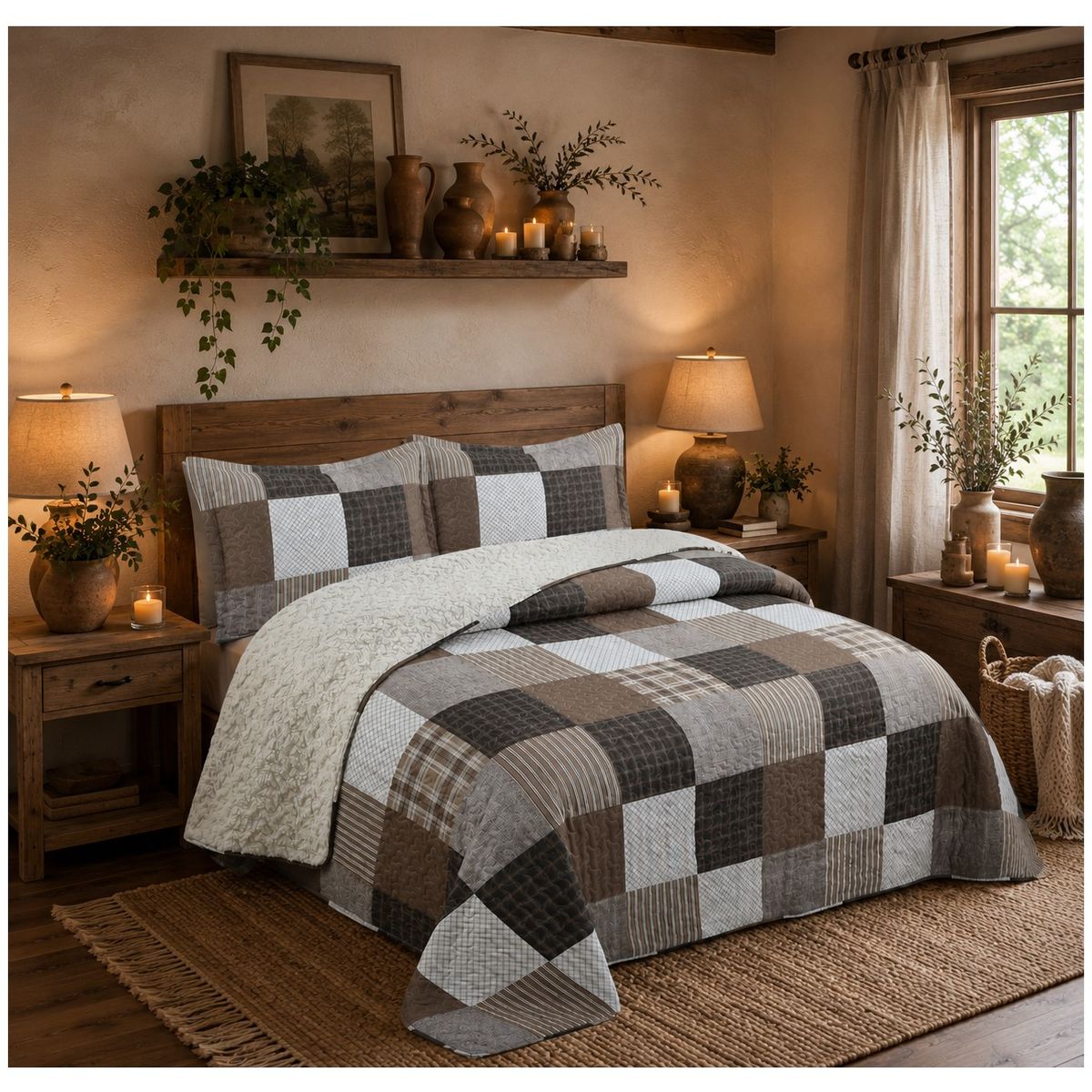 COMPRAPO - Cubrecama Quilt Sherpa 1.5 Pzas. Mod. Patch Urban Toffe Funda 50x70 Cm