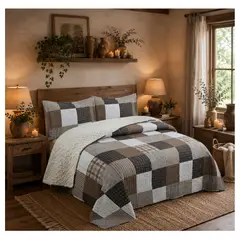 COMPRAPO - Cubrecama Quilt Sherpa 1.5 Pzas. Mod. Patch Urban Toffe Funda 50x70 Cm
