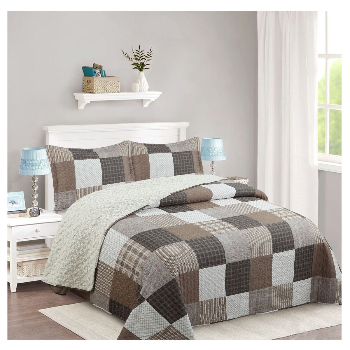COMPRAPO - Cubrecama Quilt Sherpa 1.5 Pzas. Mod. Patch Urban Toffe Funda 50x70 Cm