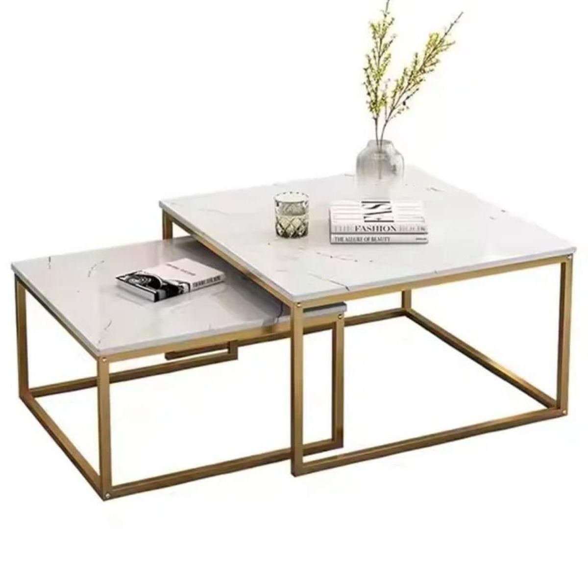 GENERICO - MESA DE CENTRO 2 PIEZAS MDF CUADRADA BLANCO DISEÑO MARMOL