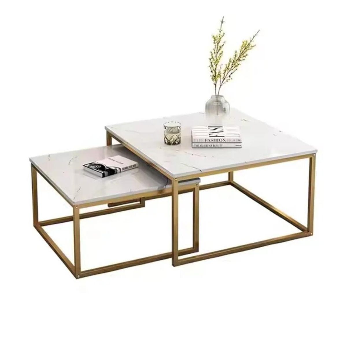 GENERICO - MESA DE CENTRO 2 PIEZAS MDF CUADRADA BLANCO DISEÑO MARMOL
