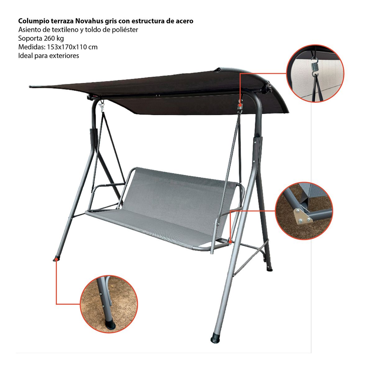 NOVAHUS - Columpio Terraza Textileno y Acero Gris