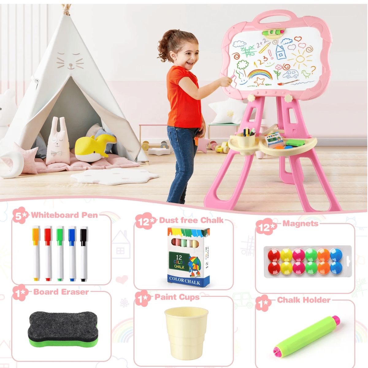CARIBEE - Pizarra Con Atril 3 En 1 Magnetica Doble Para Niños Y Niñas