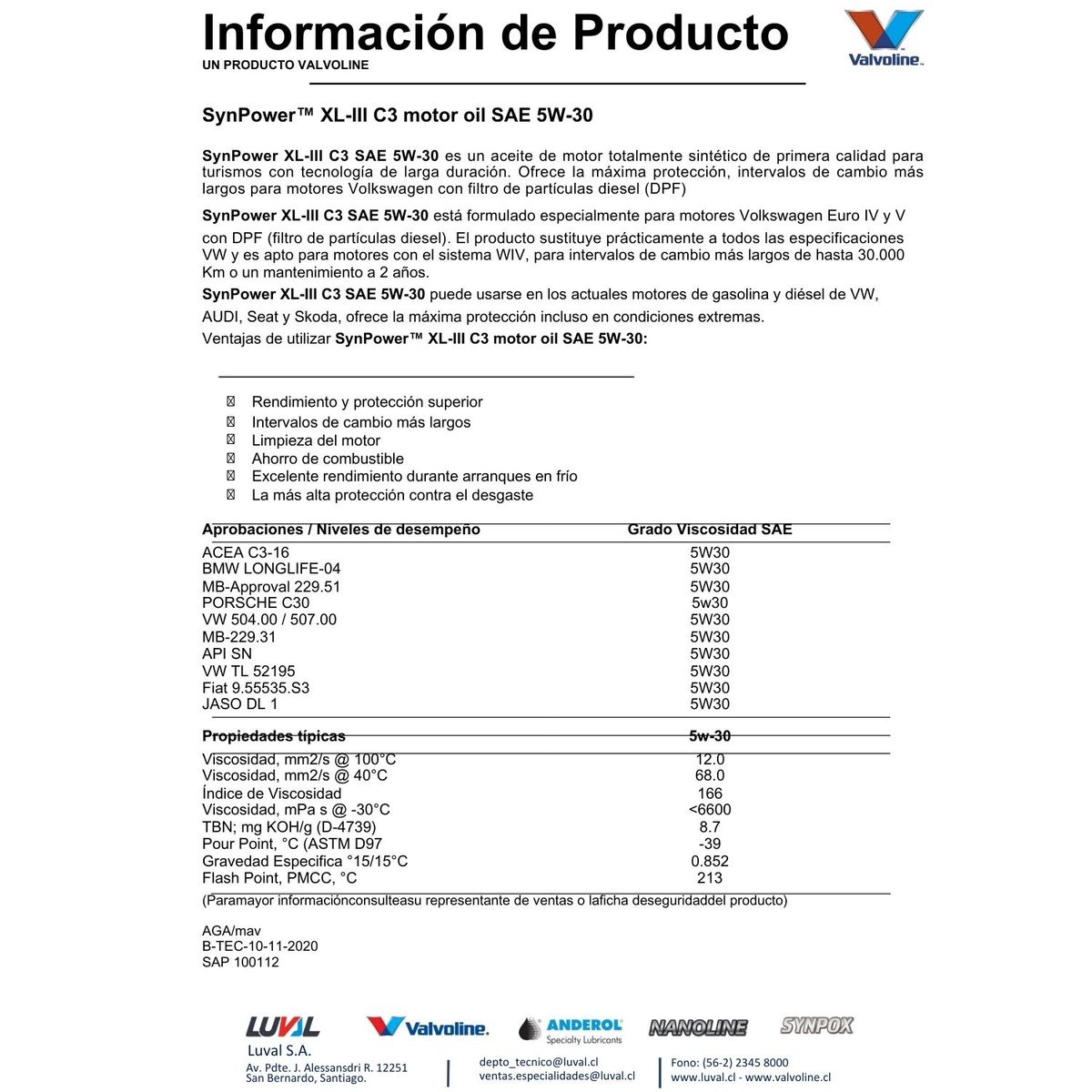 VALVOLINE - Lubricante Motor 5w30 Synpower C3 Valvoline 4 Lts.