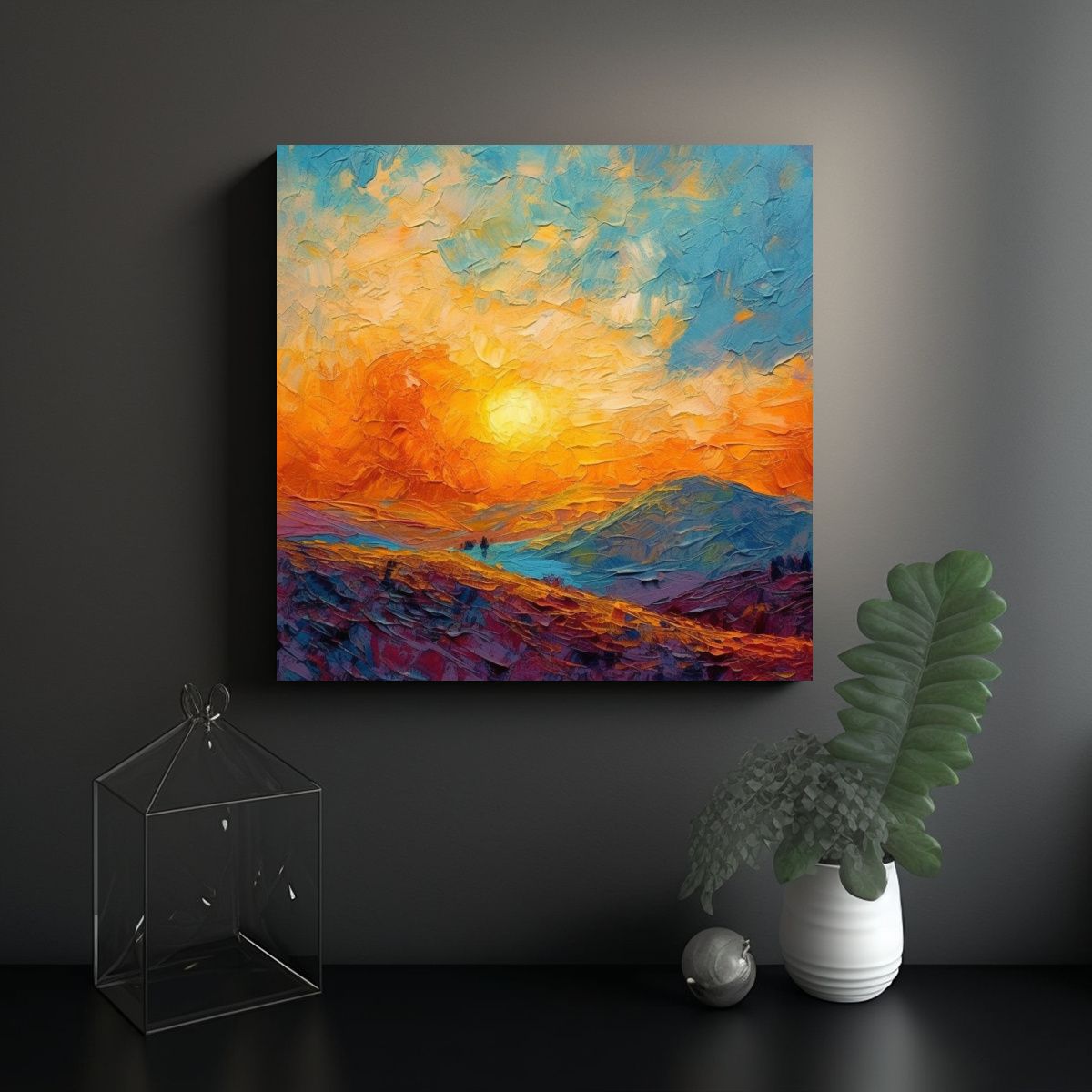 GENERICO - Pintura Abstracta Del Atardecer En Un Pequeño 60x60 Cm.