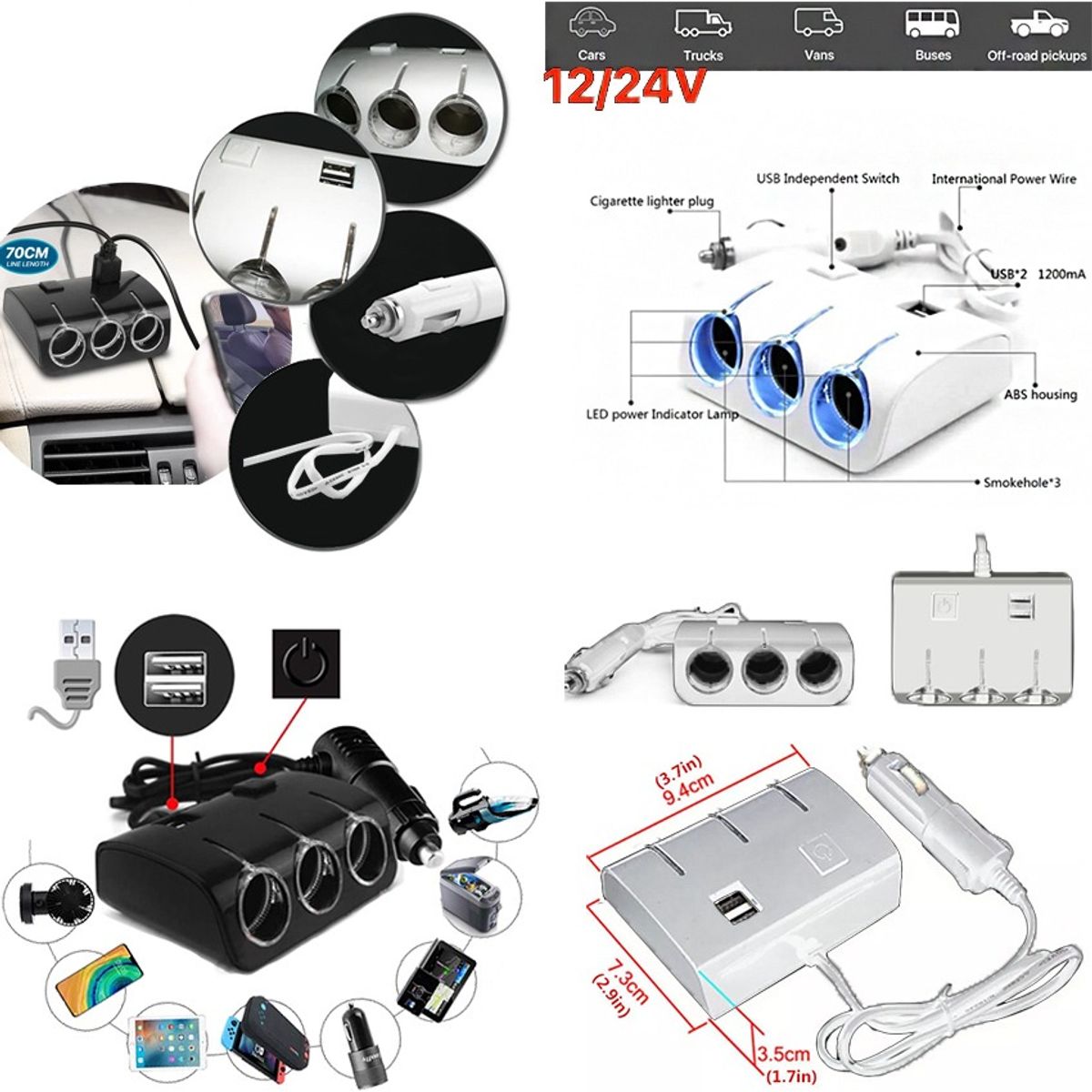 GENERICO - Cargador Triple 12-24v Encendedor Con Puertos Usb Auto