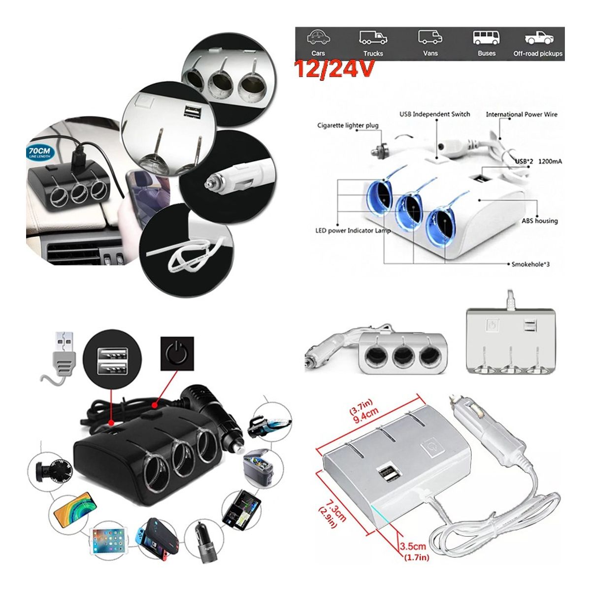 GENERICO - Cargador Triple 12-24v Encendedor Con Puertos Usb Auto