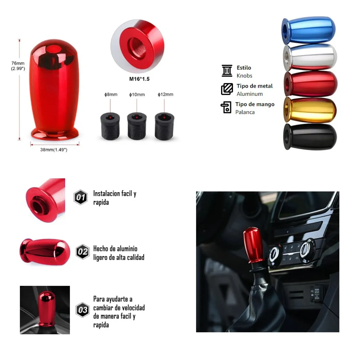 GENERICO - Pomo Metalico Manilla De Cambios Auto Universal