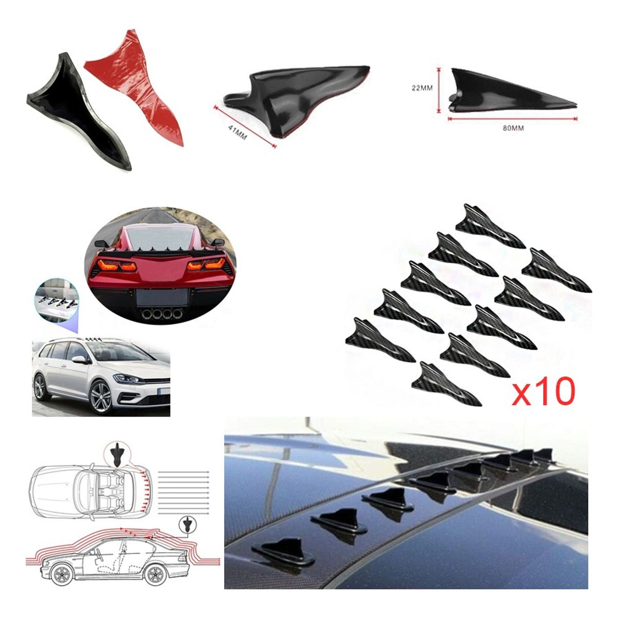 GENERICO - Difusores De Techo X10 Adhesivos Negro Aleta Tiburon