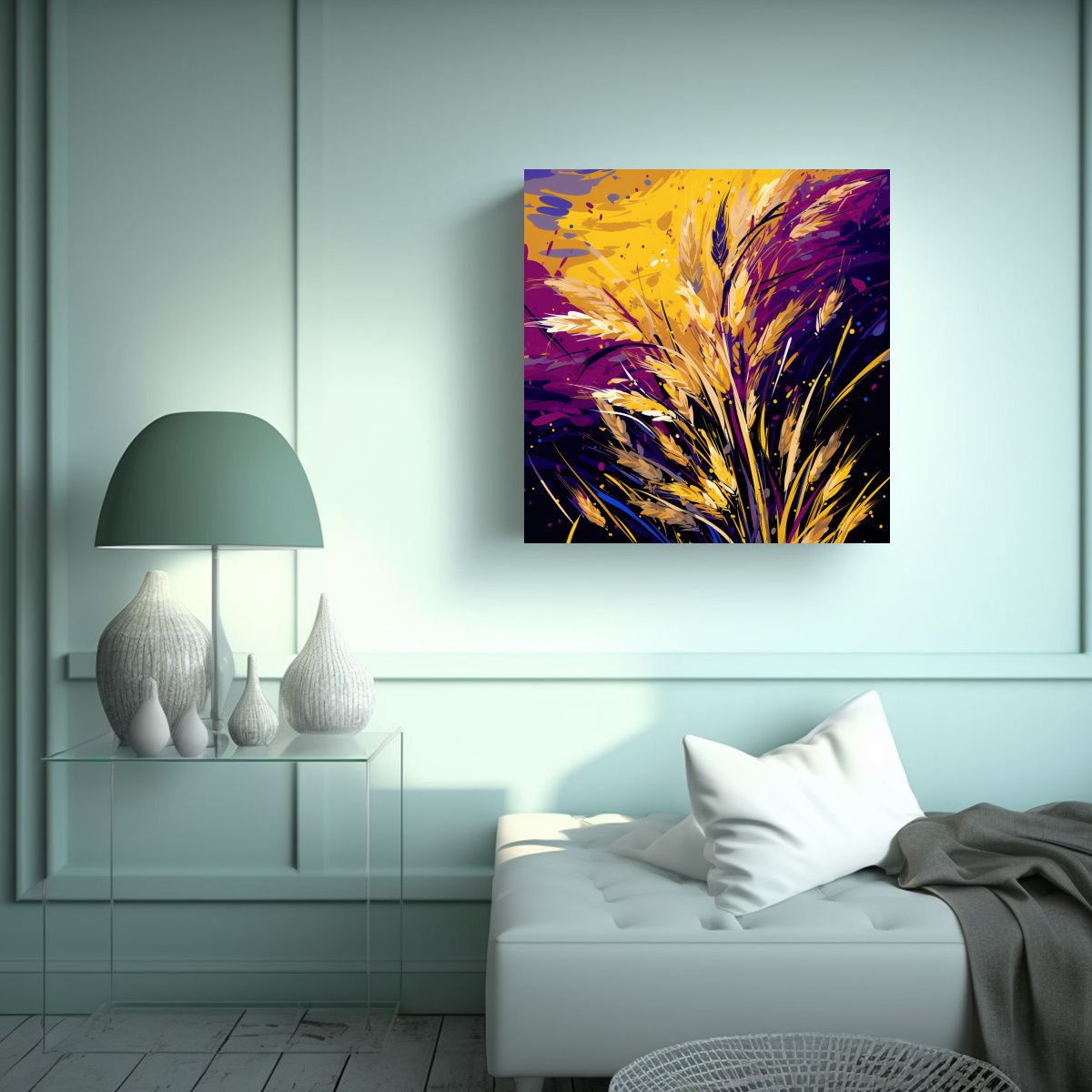 GENERICO - Cuadro De Arroz Amarillo Y Morado Para Comedor 60x60 Cm