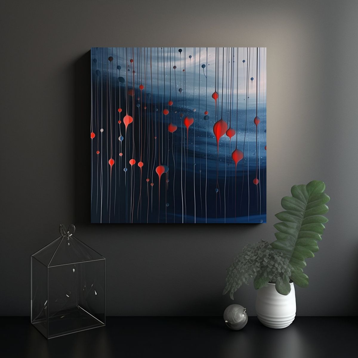 GENERICO - Cuadro Decorativo Líneas Azules Y Gotas Rojas 60x60 Cm