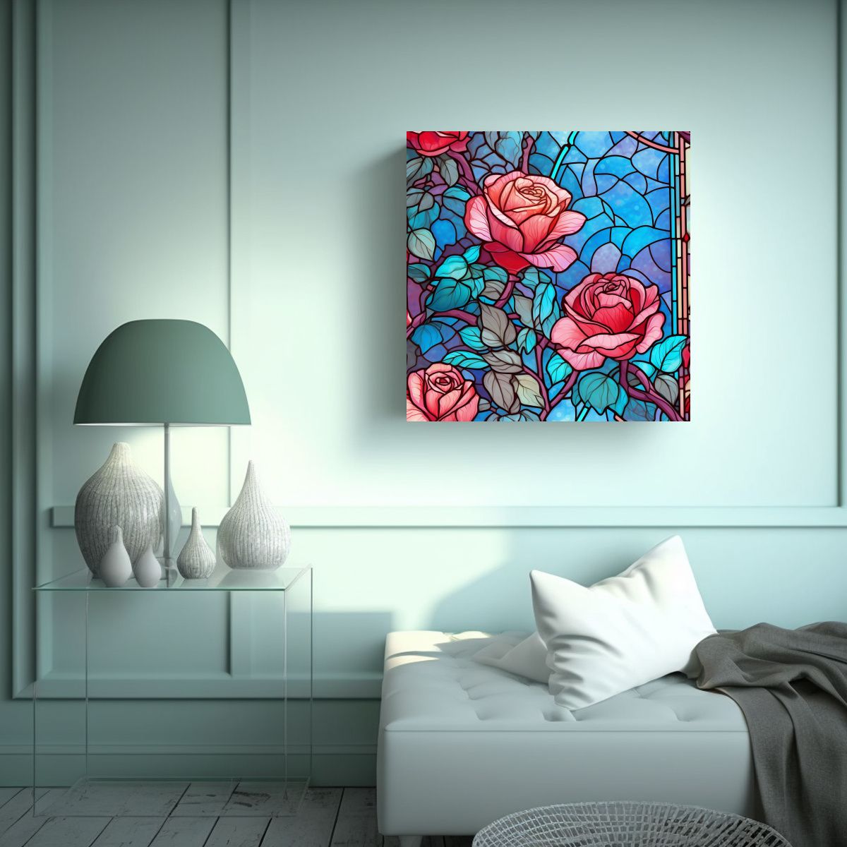 GENERICO - Cuadro De Vidrieras Estilizadas Rosas Rojas Y 60x60 Cm.