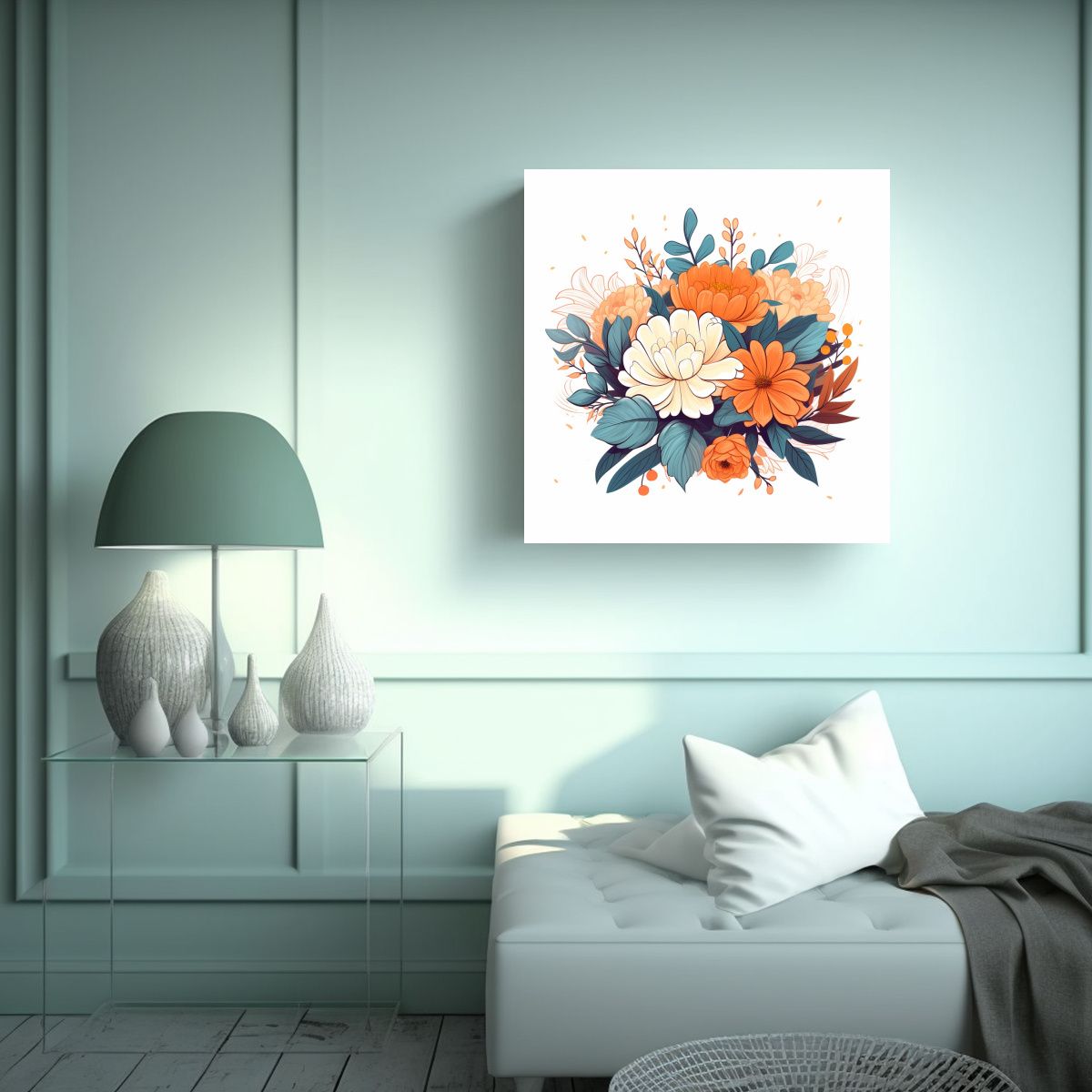 GENERICO - Cuadro Decorativo Líneas Florales En Lienzo De 60x60 Cm