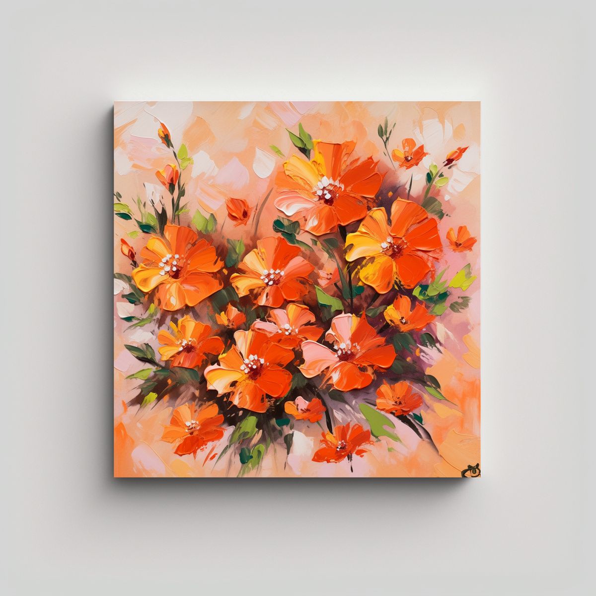 GENERICO - Cuadro Vintage Con Flores En Colores Naranja Y 60x60 Cm