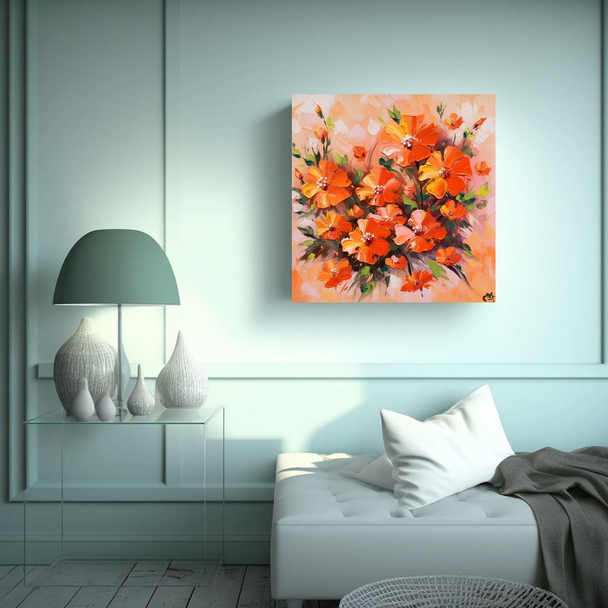 GENERICO - Cuadro Vintage Con Flores En Colores Naranja Y 60x60 Cm
