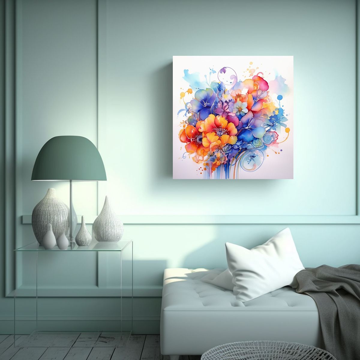GENERICO - Arte Floral Acuarela Decoración Cuadro Elegante 60x60 Cm