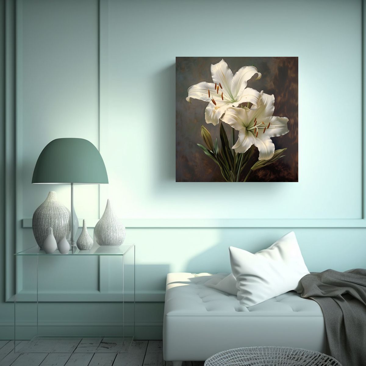 GENERICO - Ilustración Digital De Lirios Blancos En Canvas 60x60 Cm