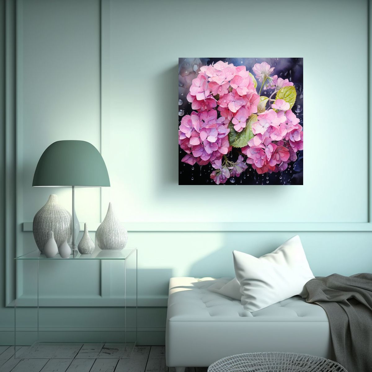 GENERICO - Cuadro Abstracto Flores Hortensias Negras Y Rosas 60x60 Cm.