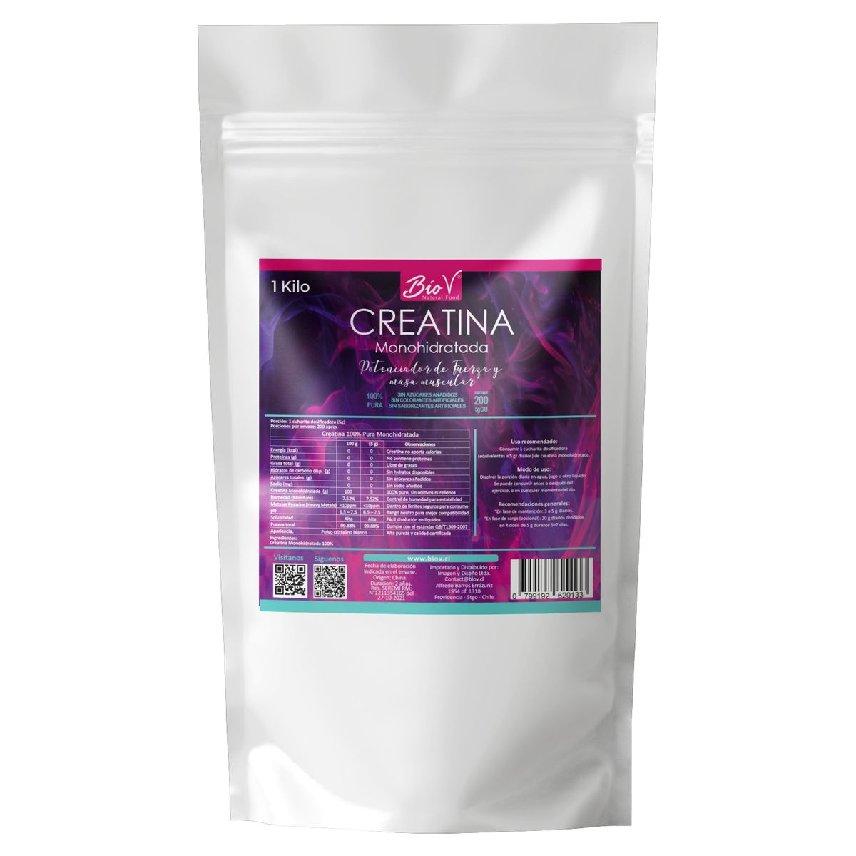 BIOV - Creatina Monohidratada Suplemento En Polvo Puro 1kg Bio V