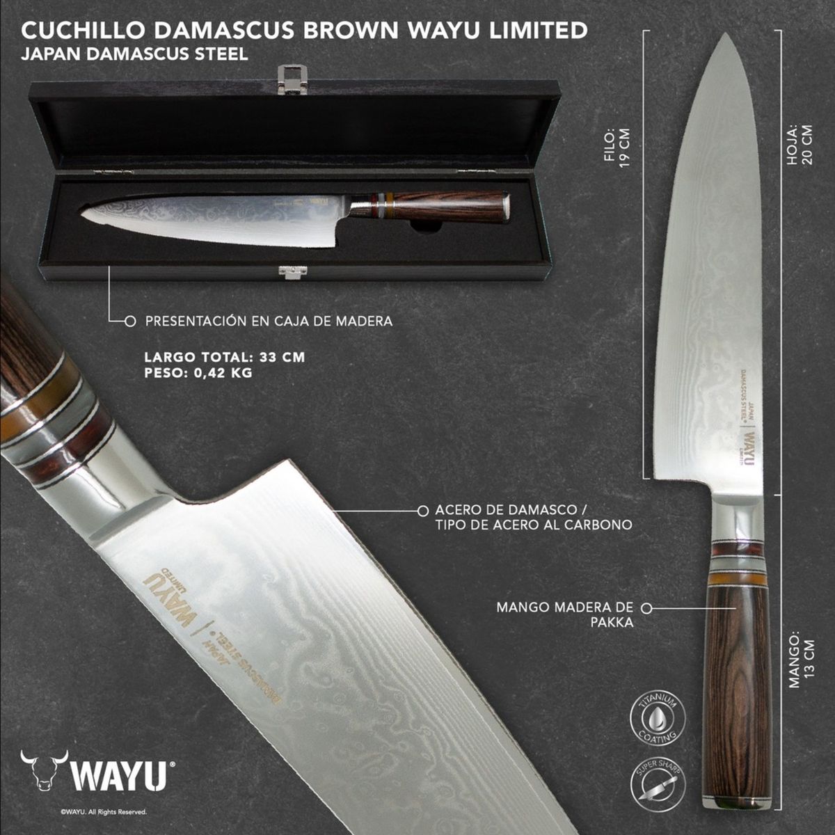 WAYU - CUCHILLO DAMASCUS BROWN PAKKA WAYU LIMITED