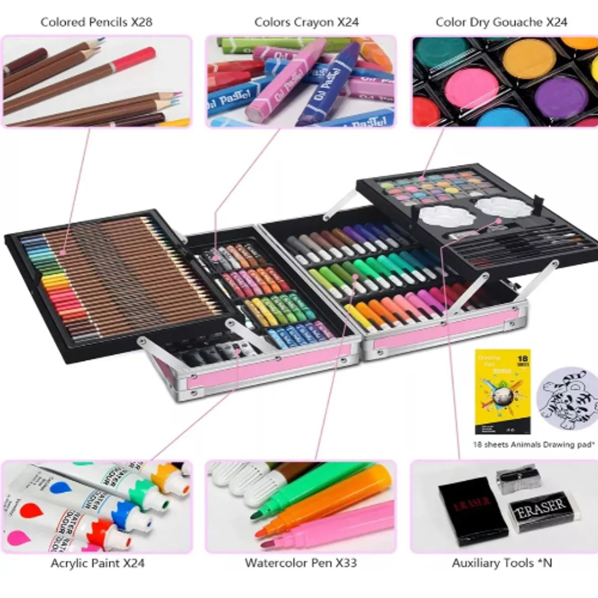 GENERICO - Kit Dibujo Para Niño De 145 Pcs En Maleta Aluminio Dos Pisos Color Rosa