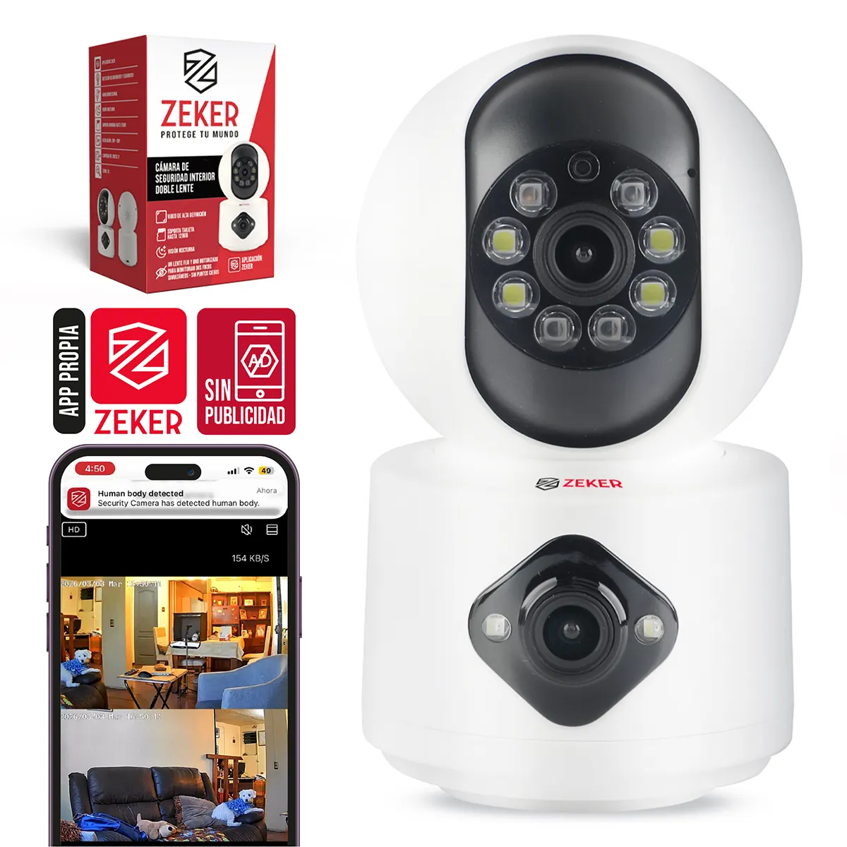 ZEKER - Camara De Seguridad Interior Doble Zeker 4MP 5G Wifi IP Pant Tilt