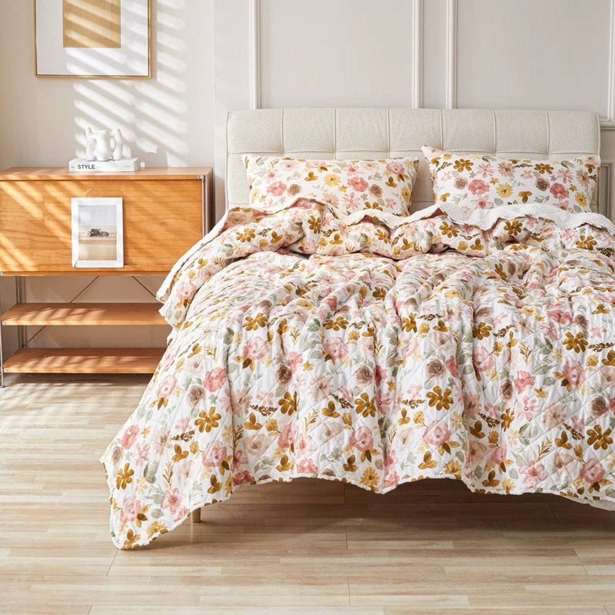 CHANTILLY - Cubrecama Quilt Sherpa Estampado 1.5 plaza Blanco Rosas