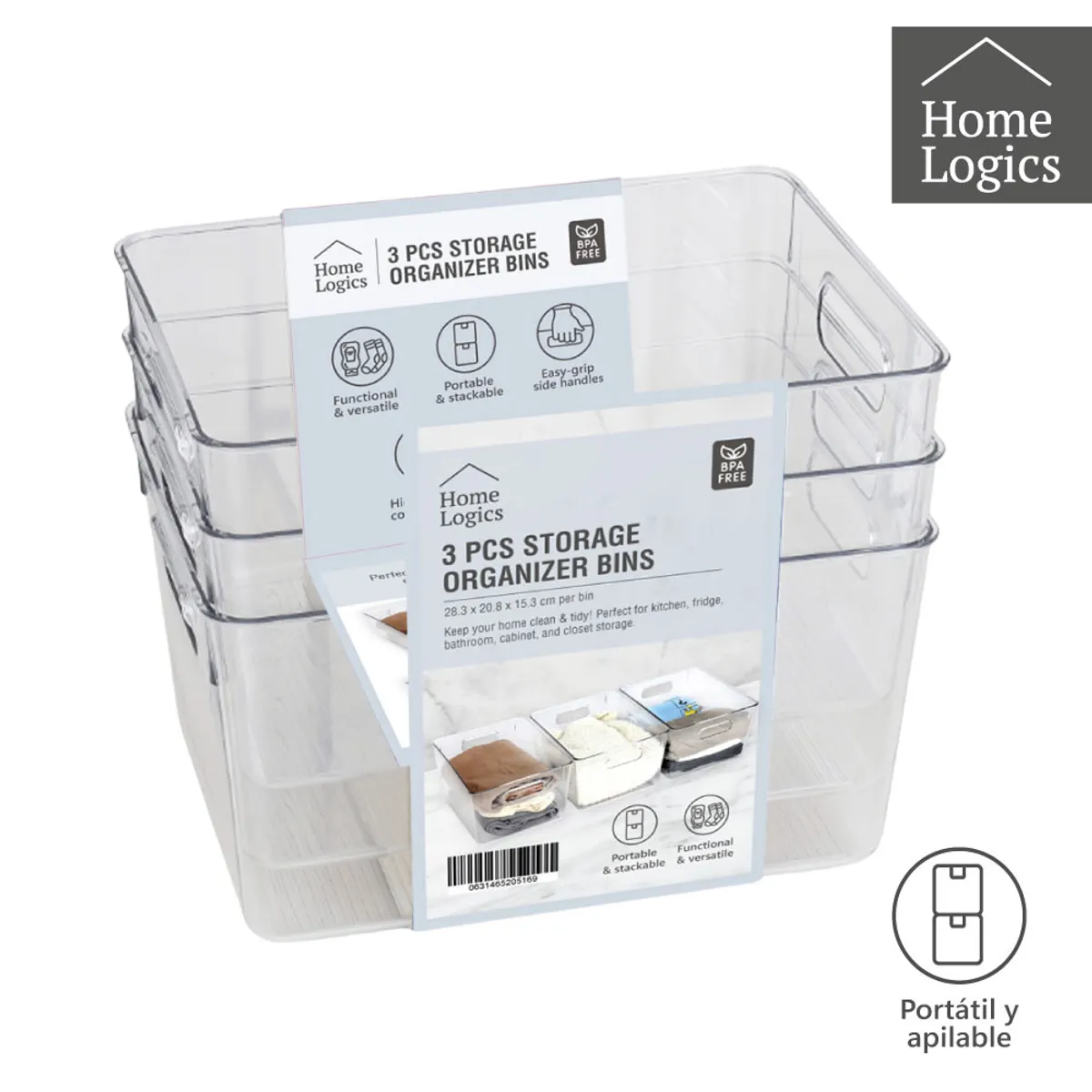 HOME LOGICS - Set 3 Canastos Organizadores Apilables Plástico Home Logics