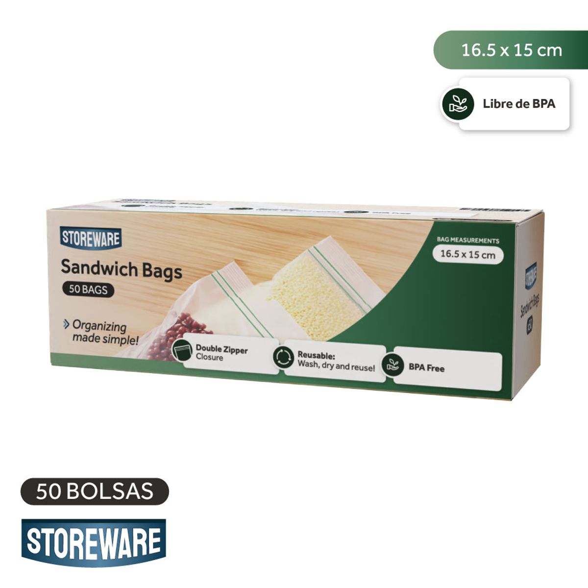 STOREWARE - Bolsa Plástica Reutilizable Sándwich Storeware 50 Unidades Kiosclub