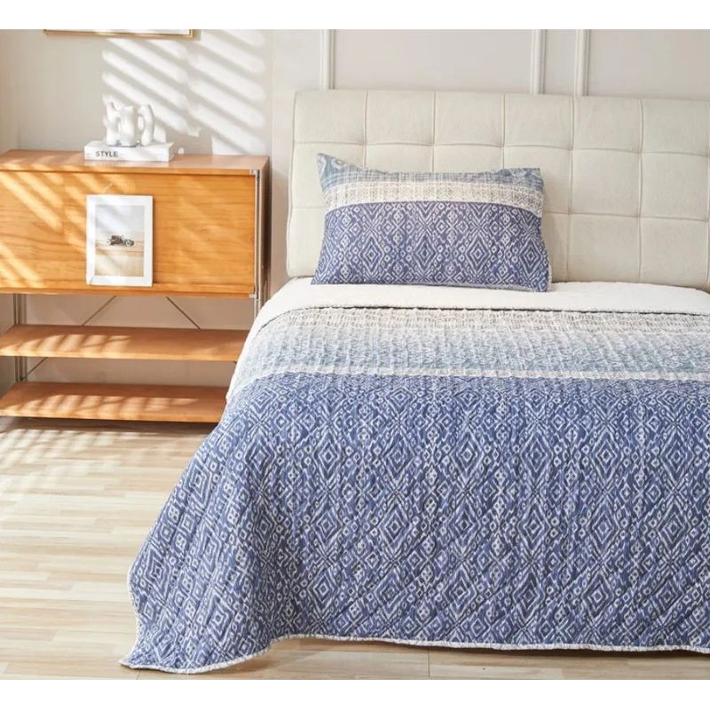 CHANTILLY - Cubrecama Quilt Sherpa Estampado 1.5 plaza Azul