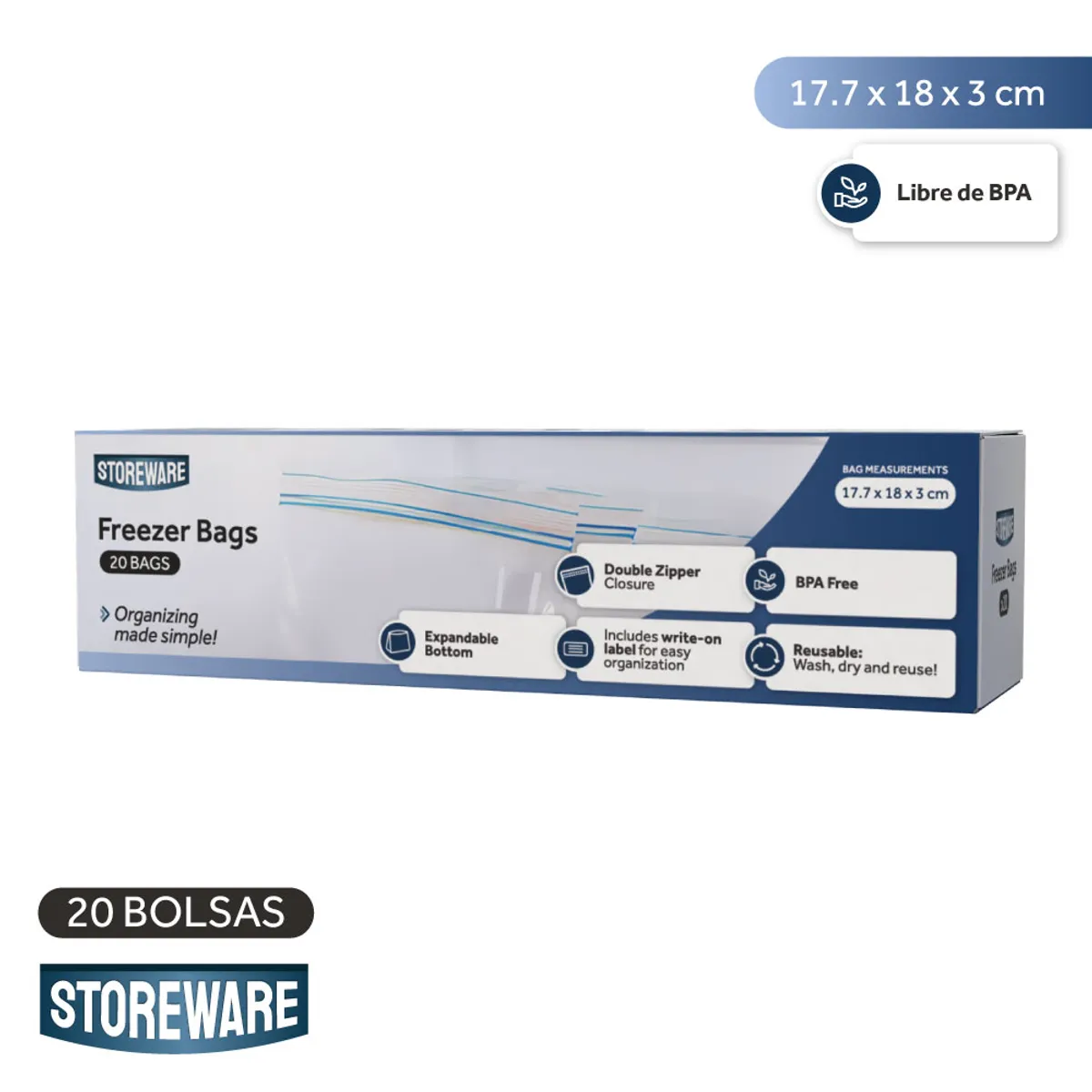 STOREWARE - Bolsas Plásticas Freezer Doble Cierre Storeware 20 Unidades Kiosclub