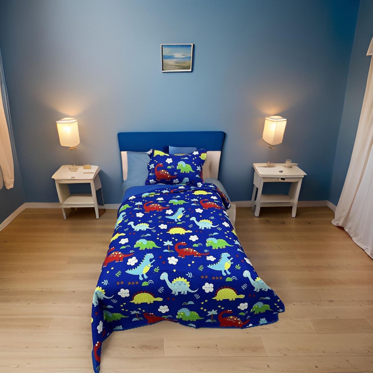 GENERICO - CUBRECAMA DE NIÑO VERANO AZUL DINOSAURIOS DE 1.5 PLAZAS TF