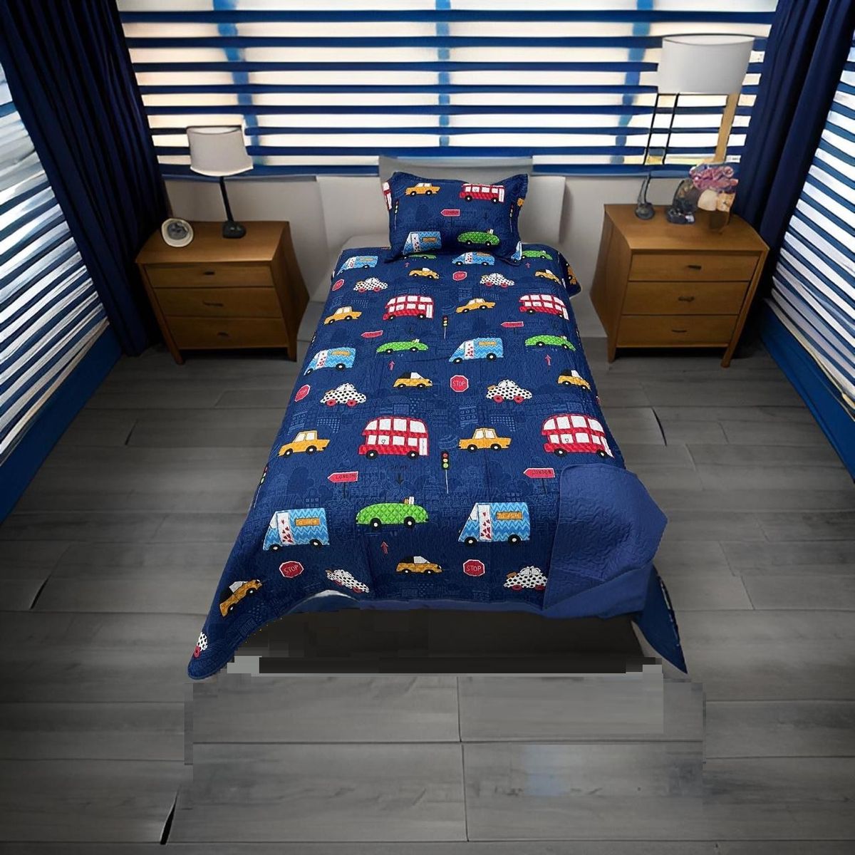 GENERICO - CUBRECAMA DE NIÑO VERANO AZUL TRANSPORTES  DE 1.5 PLAZAS TF