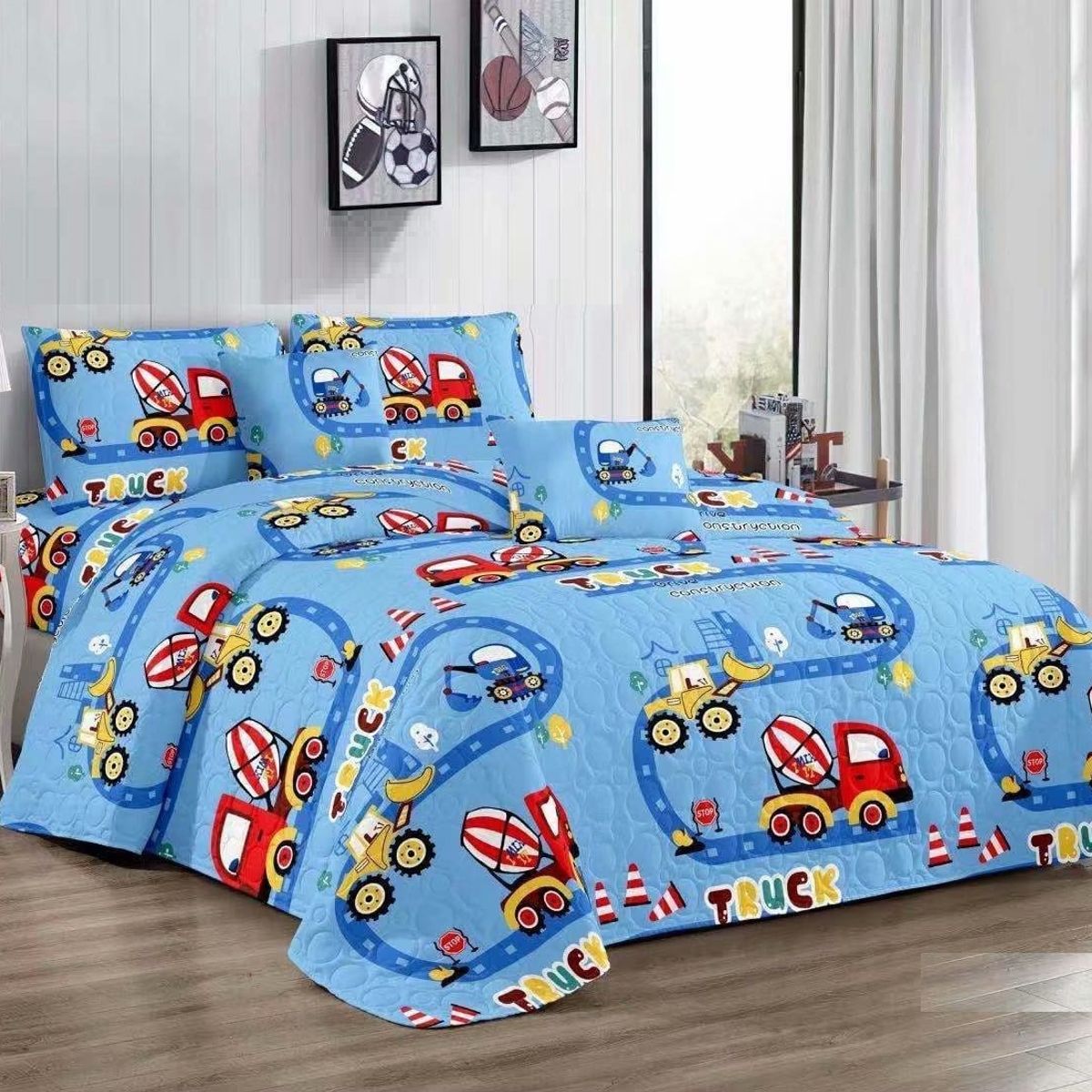 GENERICO - CUBRECAMA DE NIÑO VERANO AZUL CAMIONES  DE 1.5 PLAZAS TF