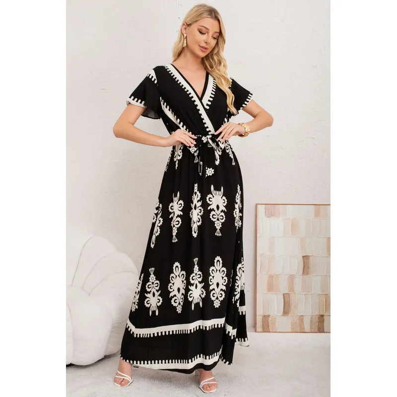 MPROPIA - Maxi Vestido Largo Primavera Mujer. Abertura, Cuello V Crepe 3383