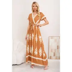MPROPIA - Maxi Vestido Largo Primavera Mujer. Abertura, Cuello V Crepe 3383