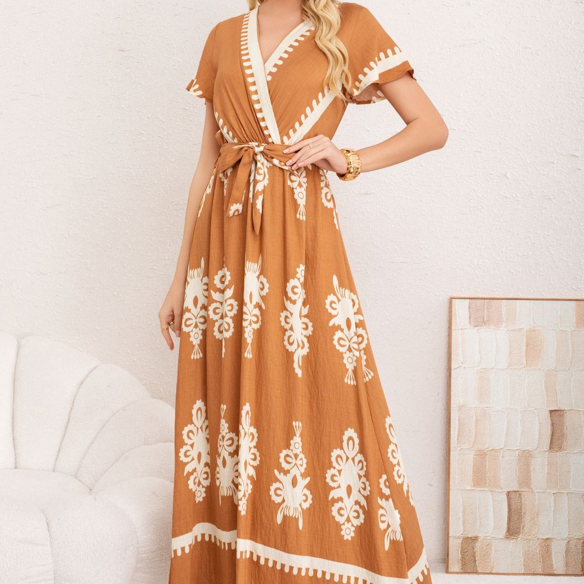 LOOK SHOP - Maxi Vestido Largo Primavera Mujer. Abertura, Cuello V Crepe 3383