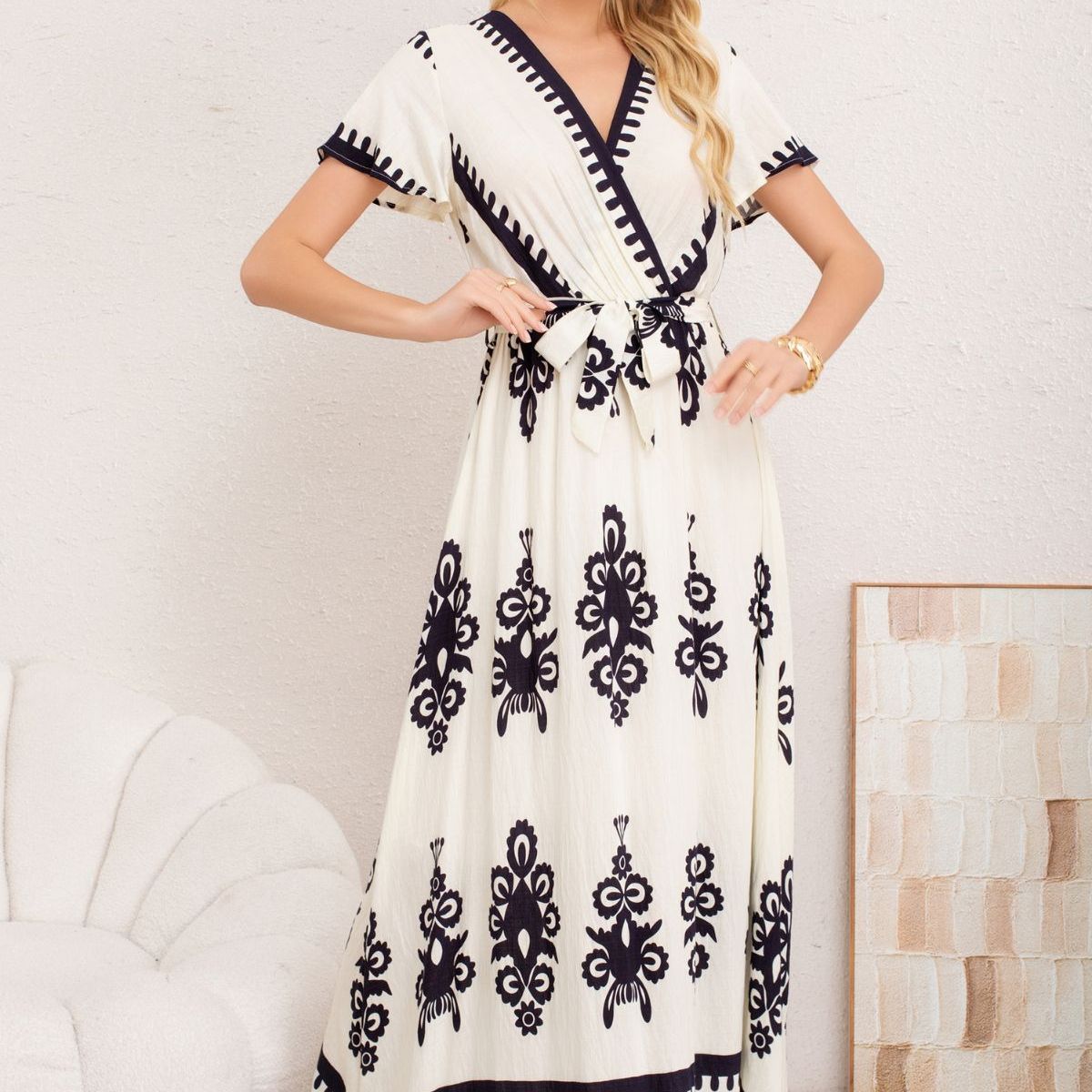 LOOK SHOP - Maxi Vestido Largo Primavera Mujer. Abertura, Cuello V Crepe 3383