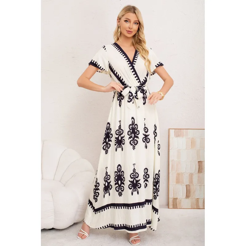 MPROPIA - Maxi Vestido Largo Primavera Mujer. Abertura, Cuello V Crepe 3383