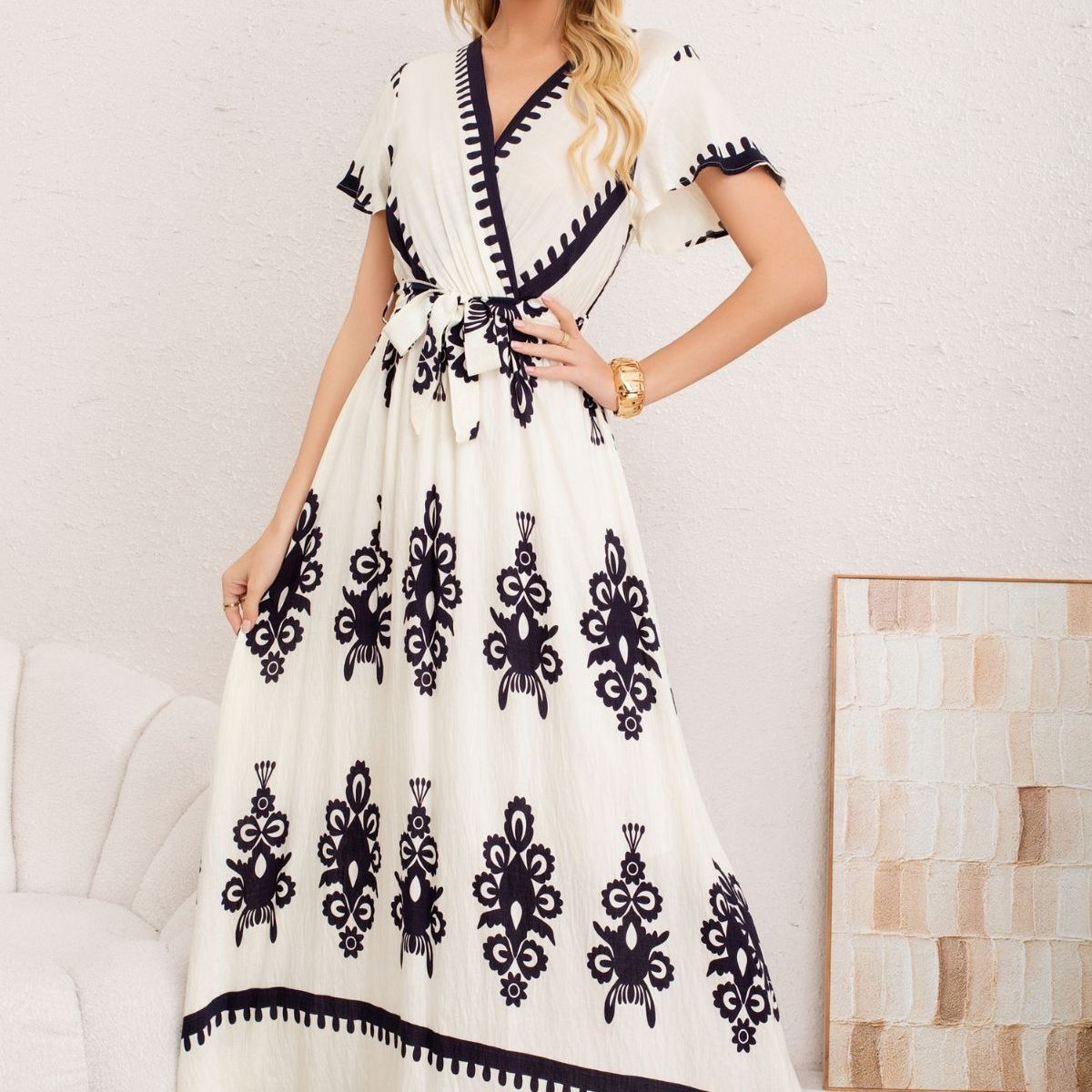 LOOK SHOP - Maxi Vestido Largo Primavera Mujer. Abertura, Cuello V Crepe 3383