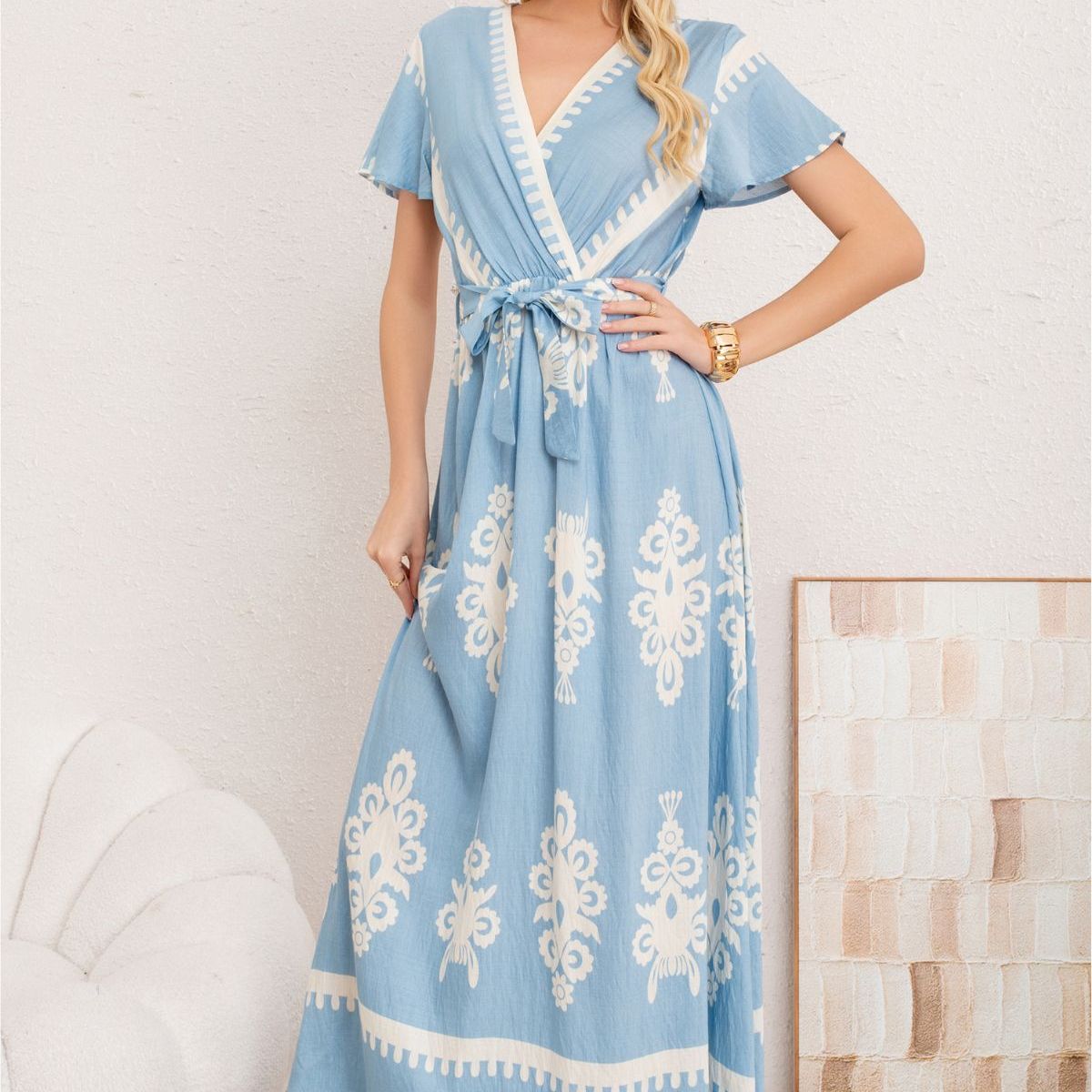 LOOK SHOP - Maxi Vestido Largo Primavera Mujer. Abertura, Cuello V Crepe 3383