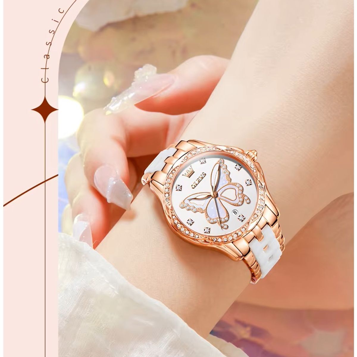 STARTECHOFFICE - Reloj de Mujer de Lujo con Mariposa Zirconia Correa de Cerámica