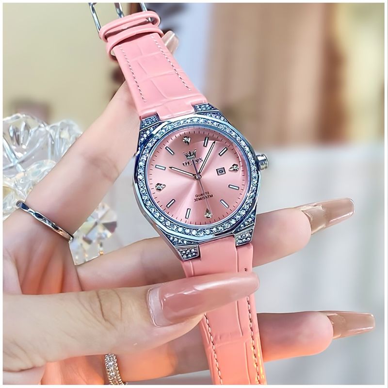 STARTECHOFFICE - Reloj de Mujer Cuarzo con Correa de Cuero Rosa Cristales Decorativos