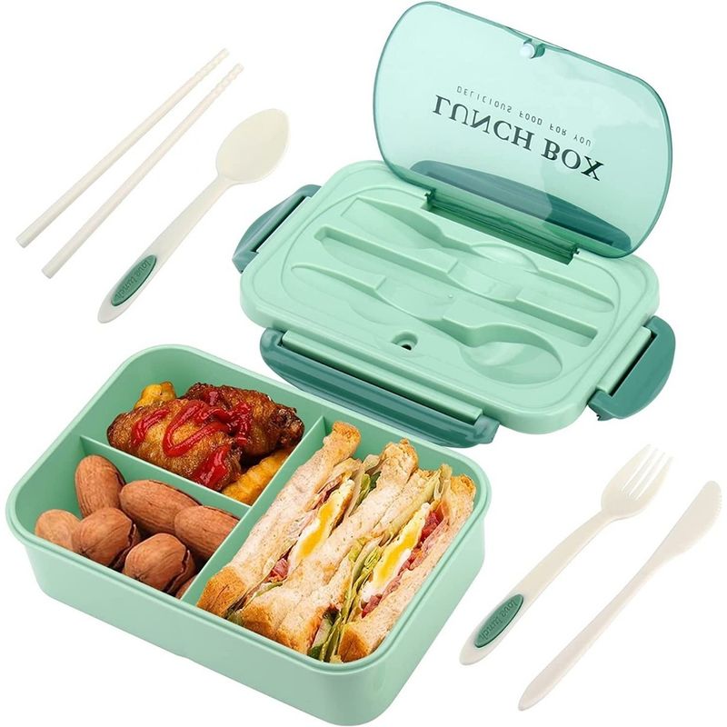 GENERICO - Lonchera Hermética Verde con Compartimentos y Cubiertos