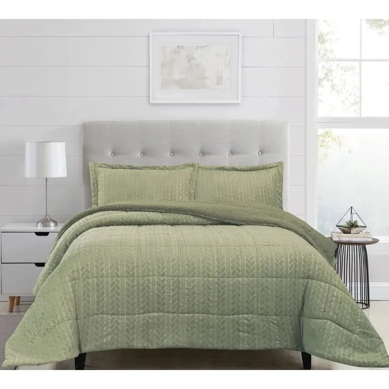 CHANTILLY - Plumón Flannel Sherpa Embossed 2 Plazas Verde Olivo