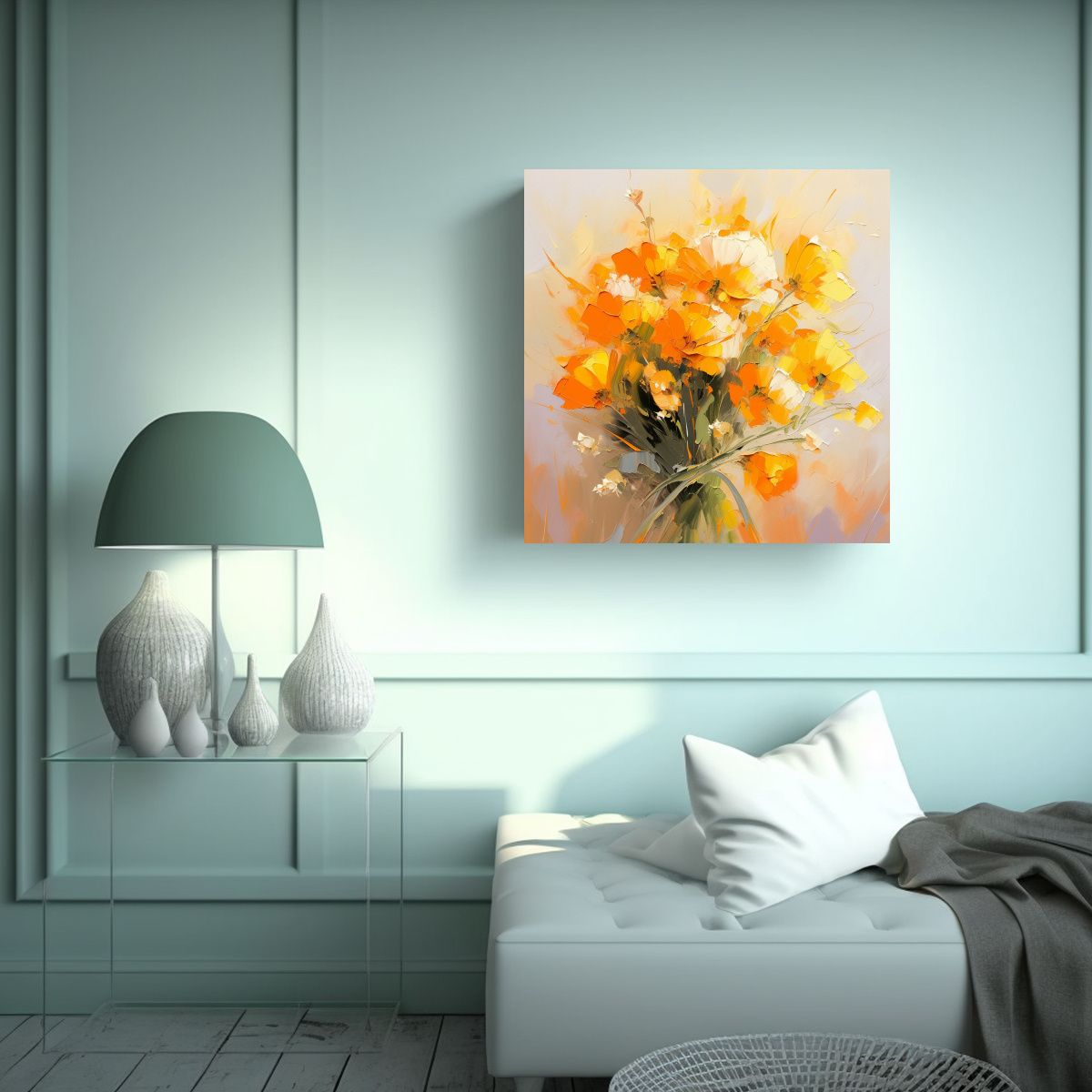 GENERICO - Pintura De Flores Amarillas Y Naranjas En Lienzo 60x60 Cm
